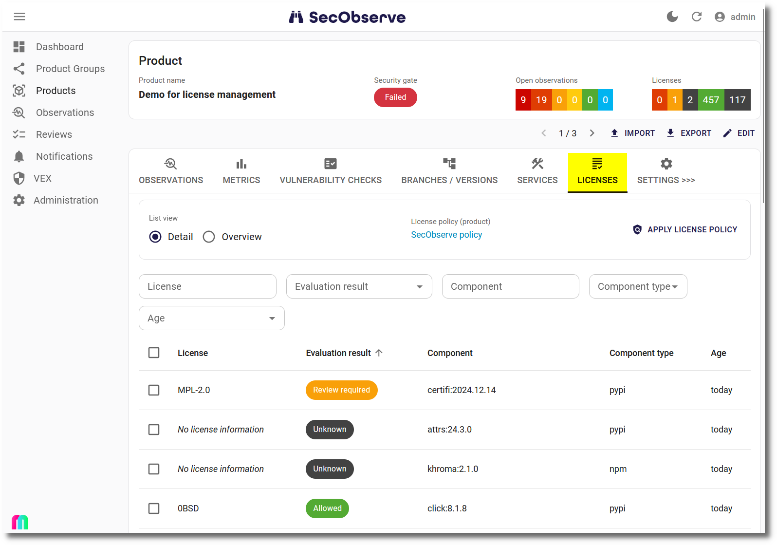 License component list