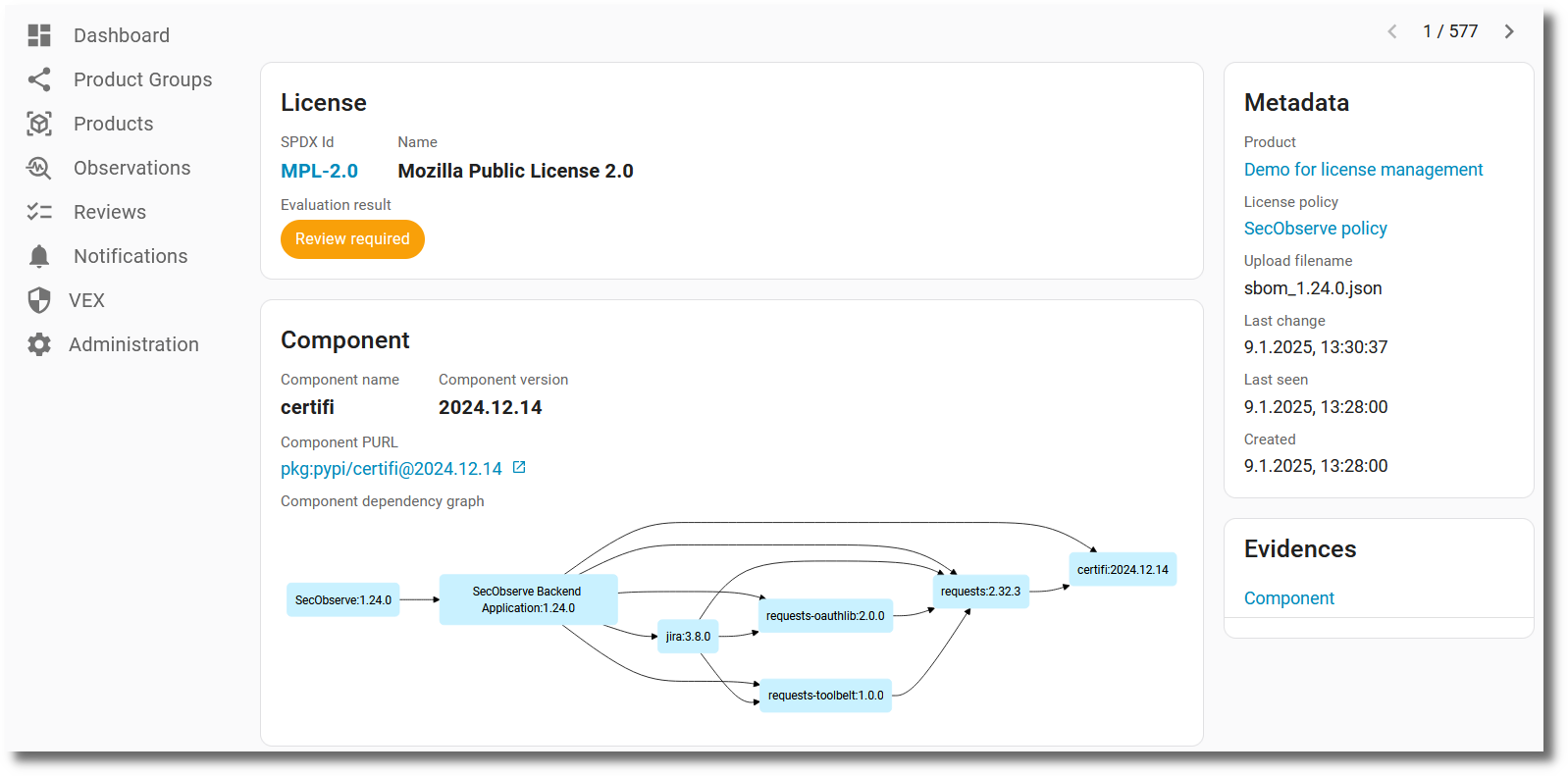 License component show