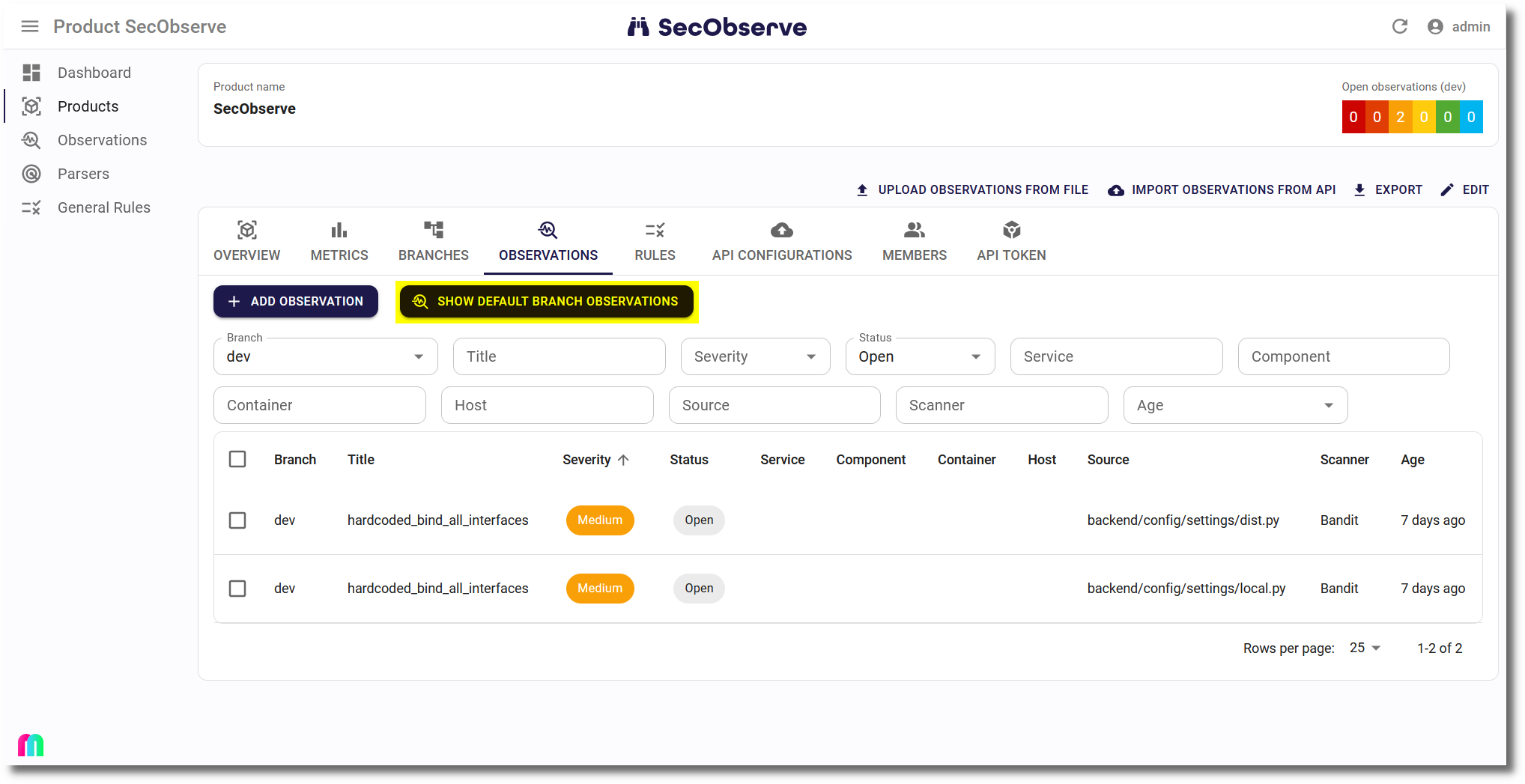 Observations default branch / version button