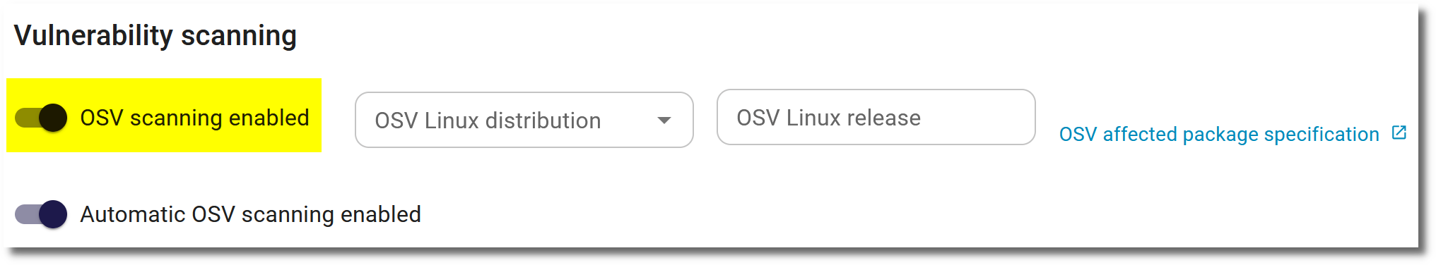 OSV scanning settings